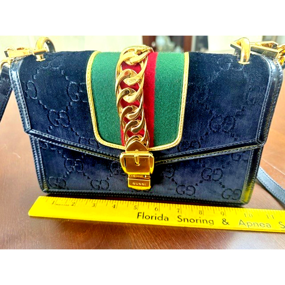 Gucci Black Gold GG Monogram Velvet Sylvie Small Shoulder Crossbody Bag GORGEOUS - Picture 5 of 16